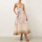 Zimmermann Dawning Picnic Dress Women's Spring And Summer Silk Linen Mid-length Dress Heart-shaped Neckline Spaghetti Straps Large Hem Dress Fashionable Temperament Elegant Luxury Dresses #81131