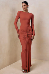 Matilda | Rust Boat-Neck Maxi Dress With Ruched Detailing