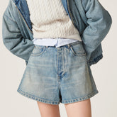 MiuMiu Women's Summer Solid Color Letter Leather Label Denim Shorts #77764