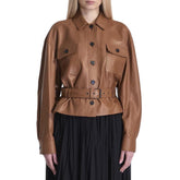 SAINT LAURENT Women's Fashion Luxury Temperament Leather Jacket Lace-up Short Jacket Lapel Long Sleeve Belt Slim Solid Colour Leather Jacket Ngvp #1277