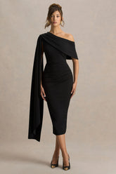 Leah | Black Asymmetric-Neck Midi Dress With Cape-Sleeve
