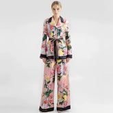 Dolce&Gabbana Women's Autumn/winter Floral Print Silk Satin Blouse Shirt With Belted Collar Straight-leg Casual Trousers Pants Set Suit Ngvp #2628