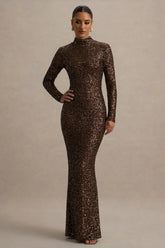 Galaxy | Brown Sequin Turtle-Neck Long-Sleeve Maxi Dress