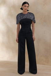 Eloriana | Black Hand-Embellished High-Neck Jumpsuit