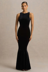 Pippa | Black Velvet Crew-Neck Mermaid Maxi Dress