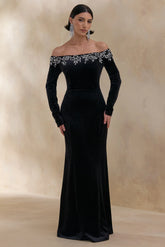 Fern | Black Velvet Embellished Bardot-Neck Maxi Dress
