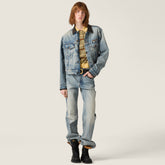 MiuMiu Women's Spring/Fall Fashion Casual Lapel Single Breasted Patchwork Leather Denim Jacket Stylish Relaxed Fit Denim Pants Suit Set #79385