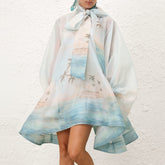 Zimmermann Women's Summer Blue Beach Pattern Printed Flutter Design Long Sleeve Dress #75612