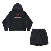 Balenciaga PUMA HOODIE Men's And Women's Spring/Fall Fashion Casual Faded Washed Hooded Pullover Long-Sleeve Sweatshirt Sweatpants Set with Elastic Waistband Faded Washed Shorts Suit Set #78813
