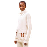 Hermes Women's Fall/Winter Fashion Casual High Neck Zipper Solid Color H Pocket Wool Sweater Coat Jacket #79264
