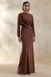 Elaria | Brown Satin Maxi-Skirt