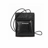 Balenciaga Men's And Women's New Oil Wax Leather Logo Phone Bag Messenger Bag Black Classic Color Mini Wallet Bags #195351
