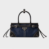 PRADA Women's Bonnie French Triangle Metal Logo Classic Versatile Mixed Materials Handbag Mini Women's Blue And Brown #332335