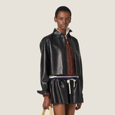 MiuMiu Women's Plong¨¦ Napa Leather Jacket Spring/Fall Solid Color Lapel Straight Sleeve Zipper Leather Jacket Skirt Suit #77987