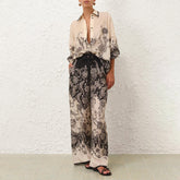Zimmermann Women's Spring Summer Black Floral Pattern Single Breasted Long Sleeve Shirt Drawstring Tie Casual Pants Set Suit #76415