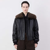 Lemaire Women's Autumn And Winter Fur Collar Zipper Short Solid Color Loose Long Sleeve Leather Jacket Ngvp #2485