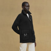 Hermes Women's Spring/summer Casual Fashion Solid Color Stand Up Collar Zipper Leather H-shaped Pocket Wool Knit Mid Length Coat Jacket #78292