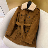 Saint Laurent Women's Fall And Winter Waisted Mid-length Suede Sheepskin Goose Down Jacket 100% South Africa Imported Mixed Suede Sheepskin Collar Lamb's Wool Removable Mid-length Jacket Ngvp #2236