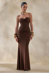 Elodia | Brown Bandeau Maxi Dress With Gathered-Detailing
