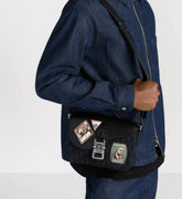 Dior Men's Male Black Grainy Leather Saddle Messenger Bag with CHRISTIAN DIOR Logo Jacquard Shoulder Strap Crossbody Bag #195094
