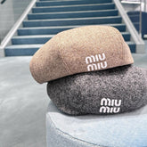 MiuMiu Women's Solid Color V-Pattern Wool Fabric Beret Cap Hat #74532