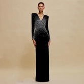 Alex Perry Women's Spring And Autumn Sexy V-neck Fashion Hot Drilling Velvet Long Sleeve Solid Color Dresses Ngvp #1138
