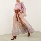 Zimmermann Women's Summer Solid Color Seascape Pattern Printed Silk Linen Ruffle Long Dress #77343