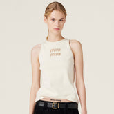 MiuMiu Women's Summer Solid Color Embroidery Beaded Letter Print Round Neck Sleeveless Tank Top Vest #75116