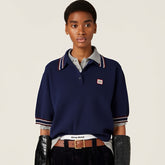 MiuMiu Women's Spring And Summer Polo Shirt Knitted Fashion Retro Navy Blue Striped Color Blocking Buttons Short Sleeve T-shirt Tops #81641