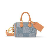 Louis Vuitton Speedy 18 Bandoulière Men's and Women's Checkerboard Printed Denim Patchwork Leather Single Shoulder Crossbody Tote Bag Bags #76848