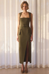 Sandra | Olive Square-Neck Tailored Maxi Dress With Front-High Split