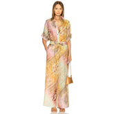 Zimmermann Women's Summer Patterned Printed Single Breasted Short Sleeved Shirt And Drawstring Casual Pants Set Suit #77436