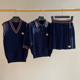 MiuMiu Holiday Collection Club Label Patch Casual Striped Blue Suit Three Piece Knit Polo Shirt College Style Vest Pleated Short Skirt Set Suit #71958