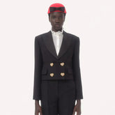 Women's Fall/Winter Vintage Diamond-Studded Heart Button Solid-Color Silk-Blend Wool Lapel Long-Sleeve Crepe Couture Blazer Jacket Ngvp #2385