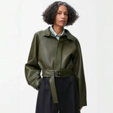 Loewe Women's Spring/Autumn Solid Color Classic Fashion High Neck Belted Waist Long Sleeve Short Sheepskin Leather Jacket #78159
