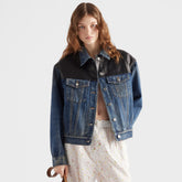Prada Women's Spring/Fall Fashion Casual Lapel Single Breasted Patchwork Leather Short Denim Jacket #79162