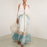 Zimmermann Women's Summer Solid Color Seascape Pattern Printed V-neck Sleeveless Long Dress #77342
