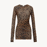 Saint Laurent Ruched Mini Dress in Leopard Tulle Jersey in Brown #334380