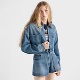 Prada Women's Vintage Patchwork Leather Collar Spring/Fall Solid Color Logo Zipper Short Cotton Denim Jacket #81525