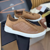 Ermenegildo Zegna Men's Fashion Classic Round Toe Slip On Flat Low Top Crocodile Leather Suede Patchwork Luxury Business Casual Shoes #79375