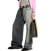 Balenciaga Men's Women's Colorblocking Denim Patchwork Old Damage Casual Loose Straight Leg Lace-Up Pants Ngvp #1818