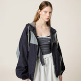 MiuMiu Women's Spring/Summer Striped Color-Block Logo Zipper Hooded Oversized Short Jacket #81594
