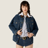 MiuMiu Men's and Women's Spring/Fall Casual Classic Embroidered Letter Cotton Denim Jacket Flocked Denim Velvet Texture Outerwear Jacket #78447