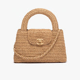 Chanel Mini Shopping Bag Braided Raffia Gold Tone Metal Dark Beige Stylish Knitted Clutch Bag Exquisite Handbag #82382A