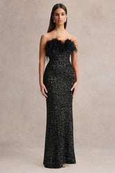 Daze | Black Sequin Bandeau Maxi Dress With Feather-Trim