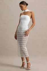 Tamala | White High-Neck Midi Dress With Lace Skirt
