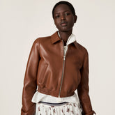 MiuMiu Women's Plong¨¦ Napa Leather Jacket Spring/Fall Solid Color Lapel Straight Sleeve Zipper Leather Jacket Skirt Suit #77986
