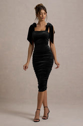 Tarna | Black Velvet Midi Dress With Bow Straps