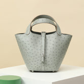 Hermes Picotin Lock CL18 Silver Buckle Ostrich Leather 80 Pearl Gray Cabbage Basket Bucket Bag Tote Women's Elegant Banquet Bags Ngvp #2431