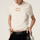 MiuMiu Women's Summer Solid Color Embroidery Beaded Letter Print Round Neck Short Sleeve T-Shirt #75117